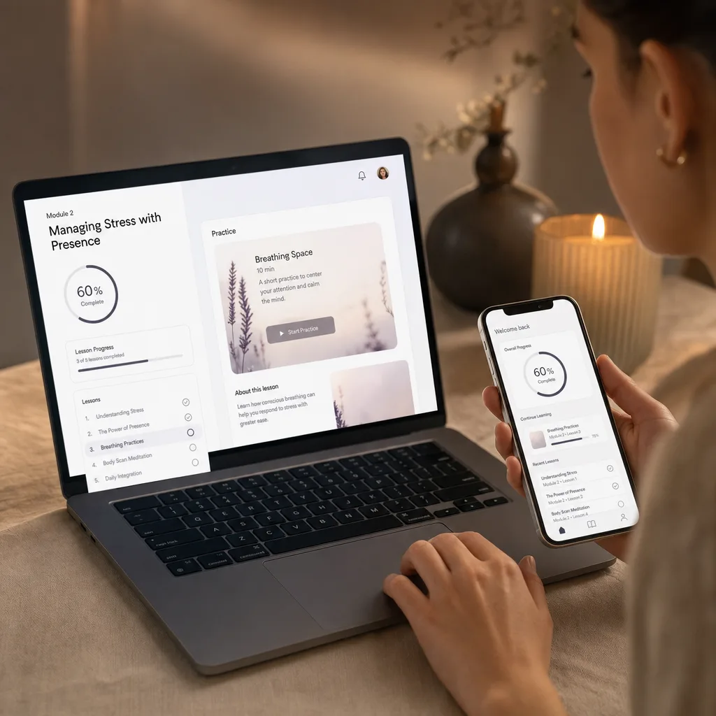 Inside the program: course dashboard with modules, lessons and reference guides